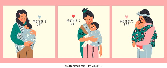 Beautiful Lady is carrying her kid. Newborn Baby child in Sling feeling love and protection from his mother. Family, lifestyle concept. Happy Mother's Day. Set of three Hand drawn Vector illustrations