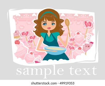Beautiful lady cooking cakes