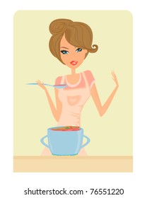 Beautiful lady cooking  soup