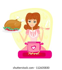  Beautiful lady cooking soup and serving chicken