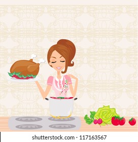  Beautiful lady cooking soup and serving chicken