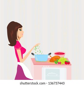  Beautiful lady cooking soup and serving chicken