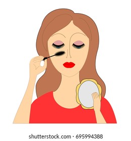 Beautiful lady doing makeup in front of a mirror. The girl paints her eyelashes with mascara. Vector illustration.
