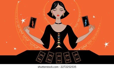 A beautiful lady in an elegant black dress does a tarot reading of the future, past and present.