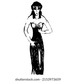 Beautiful lady in evening dress. Art Deco style. Sexy woman. Femme Fatale archetype. Hand drawn linear doodle rough sketch. Black silhouette on white background.