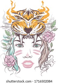 Schönes DamenGesicht mit Tigerhut-Illustration im farbigen TätowierStil