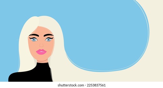 Beautiful lady, female. Portrait of woman. White long hair. Blonde hairstyle. Young girl face. Avatar for social networks. Pink lipstick makeup. Line banner. Flat design. White background. Vector