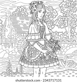 Beautiful lady with flower bouquet near lake. Adult coloring book page.