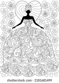 Beautiful Lady In Glamorous Dress With Hearts In Background. Elegant Woman With Bun Dressed In Ball Costume. Walking Girl Wearing Modern Clothing With Details.