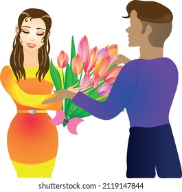 A beautiful lady happily accepts a bouquet of tulips from her loved one. Spring full of love. 
International Women's Day
