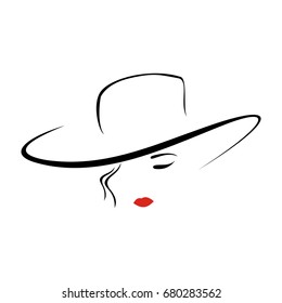 A beautiful lady in hat. Contour image. Fashion salon logo. Vector illustration.