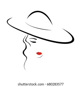 A beautiful lady in hat. Contour image. Fashion salon logo. Vector illustration.