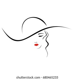 A beautiful lady in hat. Contour image. Fashion salon logo. Vector illustration.