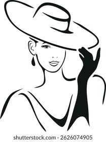 Hermosa dama con sombrero y guantes. Dibujo delineado para el diseño de moda. Vector