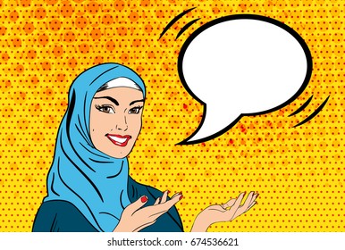 Beautiful lady in hijab. Vector pop art comic style illustration. Smiling woman holding hands in the posture for presenting or advertising. Empty speech bubble. Halftone background