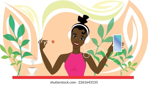 A beautiful lady listens to music on white headphones while holding her phone and a lollipop on a stick.
