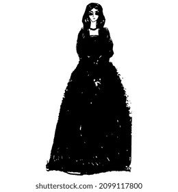 Beautiful lady in long vintage dress. Black and white silhouette. Hand drawn rough sketch.