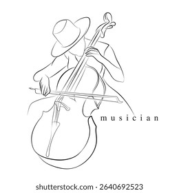 A beautiful lady playing guitar, An illustration of female musician, A vector line art of hat wearing girl