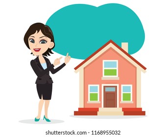 Beautiful lady pointing some news about home house real estate home loan auction sale rent property information message text blank empty template
