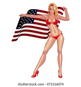 Beautiful lady in red bikini with waving USA flag isolated on white background.