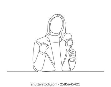 Beautiful lady reporter holding microphone illustration in continuous one line drawing. Journalist woman in one line draw. Editable vector.