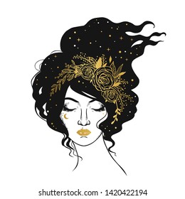 Beautiful lady with roses and stars in her hair. Vector hand drawn illustration