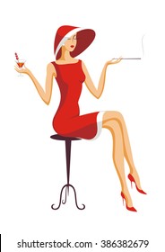 the beautiful lady sits on a bar stool and drinks cocktail