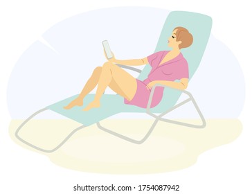 A beautiful lady is sitting on a deck chair. The girl looks and speaks on the phone. The woman has a slim figure. Vector illustration.