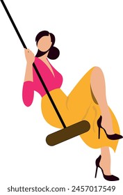 Beautiful lady sitting on swing with high heels.  Love and time for yourself. Happy woman, self care, slow life concept.