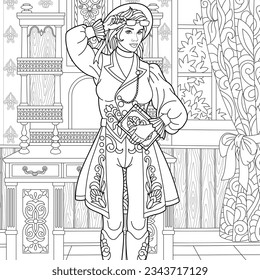 Beautiful lady in steampunk style. Adult coloring book page.