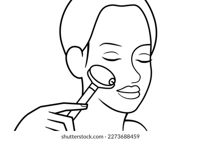 Beautiful lady using a facial roller for massaging her face. Skin care and anti-aging. Vector outline illustration.