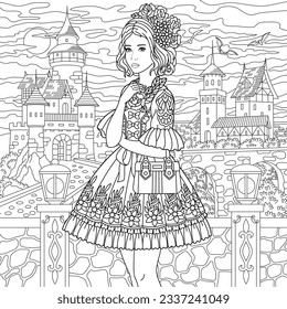Beautiful lady in vintage dress near spooky castle. Adult coloring book page with intricate antistress ornament