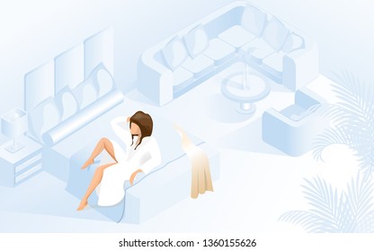 Beautiful Lady in White Bathrobe on Double Bed with Shopping Bags near it at Modern Hotel Room with large Window . Vector Isometric Illustration of Young Woman Resting after Shopping in Bedroom