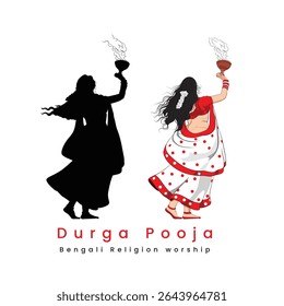 A beautiful lady worshiping Indian Goddess, An illustration of Indian woman wearing saree, Vector illustration of Bengali dancing woman