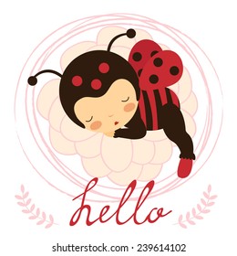A beautiful ladybug baby card. Vector illustration