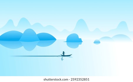 Beautiful Lake Background with Silhouette Fisherman Character Vector, Cartoon Gradient Background Illustration