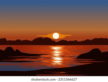 Beautiful lake illustration with rocks in silhouette