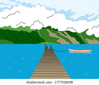 Beautiful lake landscape with wooden bridge, boat and green hill fjords, beautiful view vector illustration