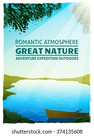 Beautiful lake in morning sunlight among green meadows great nature landscape background poster print vector illustration