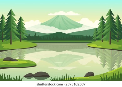 Beautiful lake with mountain view vector landscape illustration. Lake and forest at the foot of the mountain. Lake in the forest with amazing mountains in the background.