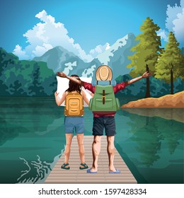 Beautiful lake and mountains landscape with traveler woman and man standing, colorful design, vector illustration