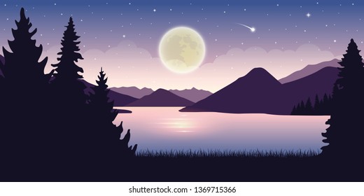 beautiful lake at night with full moon and starry sky mystic landscape vector illustration EPS10