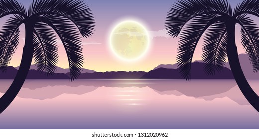 beautiful lake at night with palm trees and full moon purple holiday landscape vector illustration EPS10