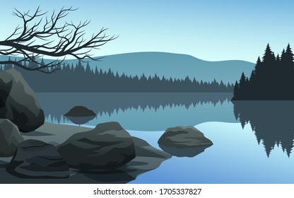 Beautiful lake with rocks and pine forest