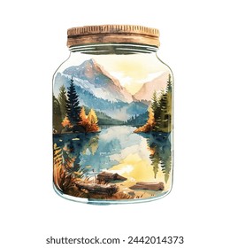 beautiful lake scene in jar vector illustration in watercolour style