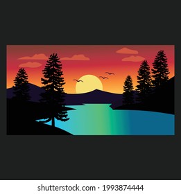 Beautiful lake scenery illustration with simple and elegant design