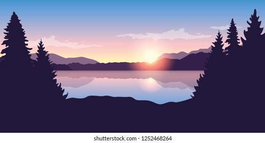 beautiful lake at sunrise purple nature landscape vector illustration EPS10