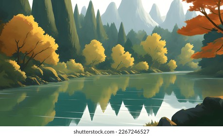 Beautiful Lake Surrounded by Mountains and Autumn Trees Scenery Detailed Hand Drawn Painting Illustration