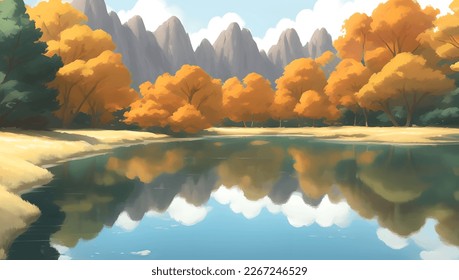 Beautiful Lake Surrounded by Mountains and Autumn Trees Scenery Detailed Hand Drawn Painting Illustration