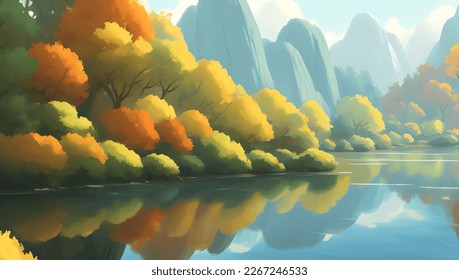 Beautiful Lake Surrounded by Mountains and Autumn Trees Scenery Detailed Hand Drawn Painting Illustration